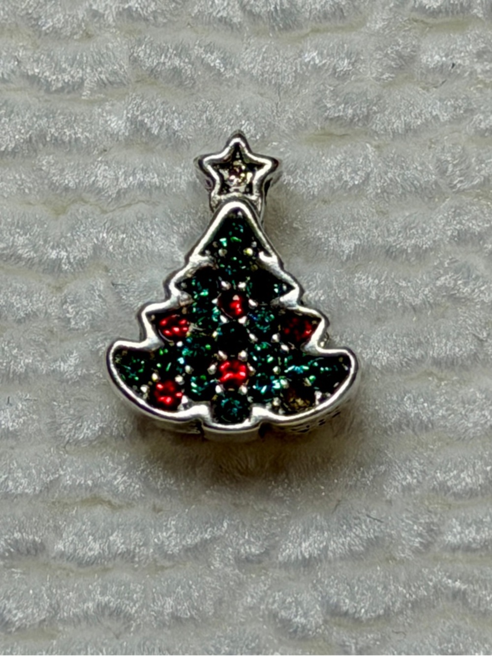 Sterling Silver Italian Christmas Tree Charm with Green and Red Rhinestones